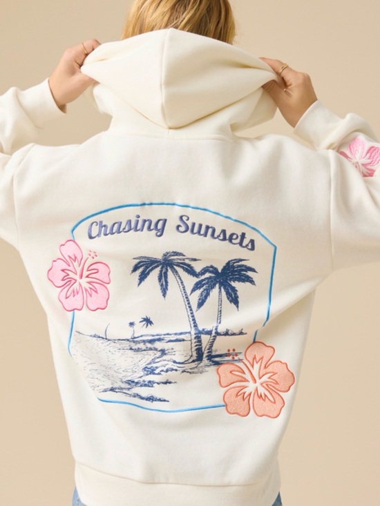 Altar'd State Tops - Altar'd State Cream Hoodie with Blue Palm Print and Pink Floral Accents
